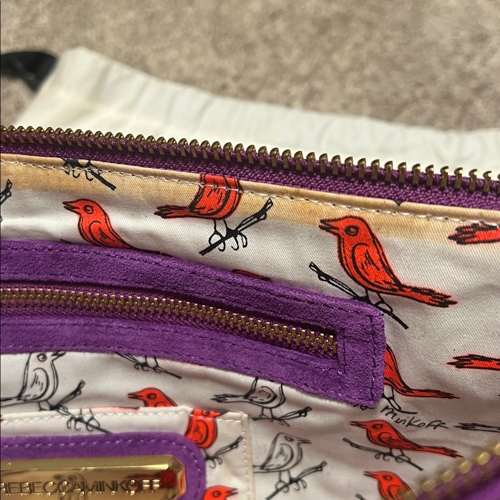 Rebecca Minkoff Love Letter Loveletter clutch, bird lining, purple suede, EUC! - Picture 8 of 9